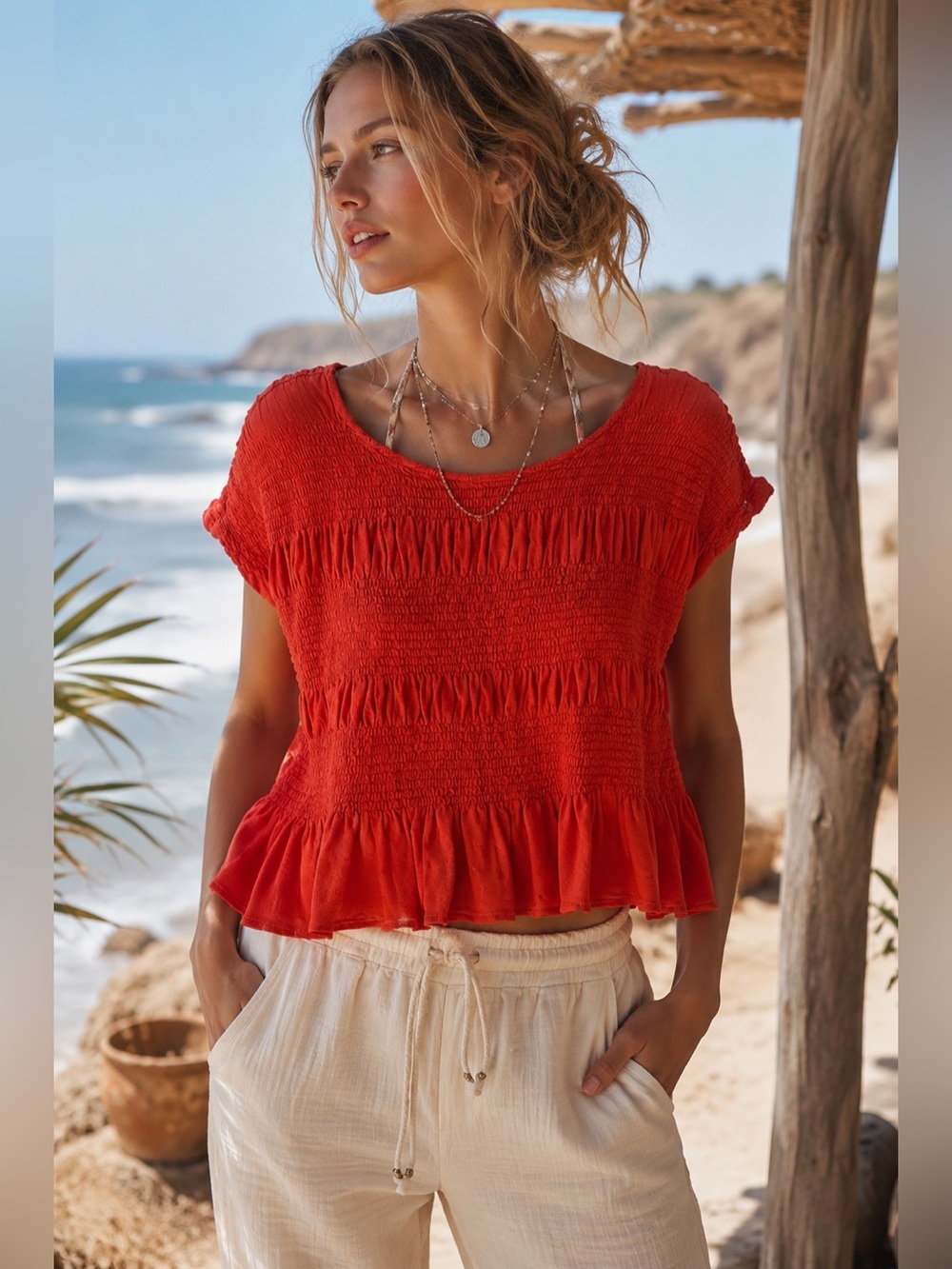 Free People Beach Smocked Crop Top | Coral Red Peplum Boho Festival Top | Large